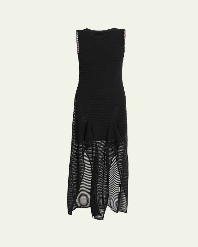 Ladder Knit Sleeveless Ruffle-Slits Midi Dress